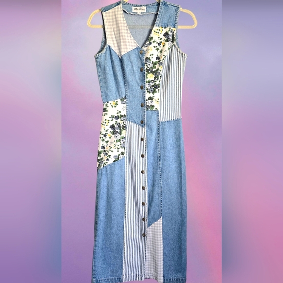 Vintage Dresses & Skirts - Vintage Denim Patchwork Maxi Dress with Floral & Stripes